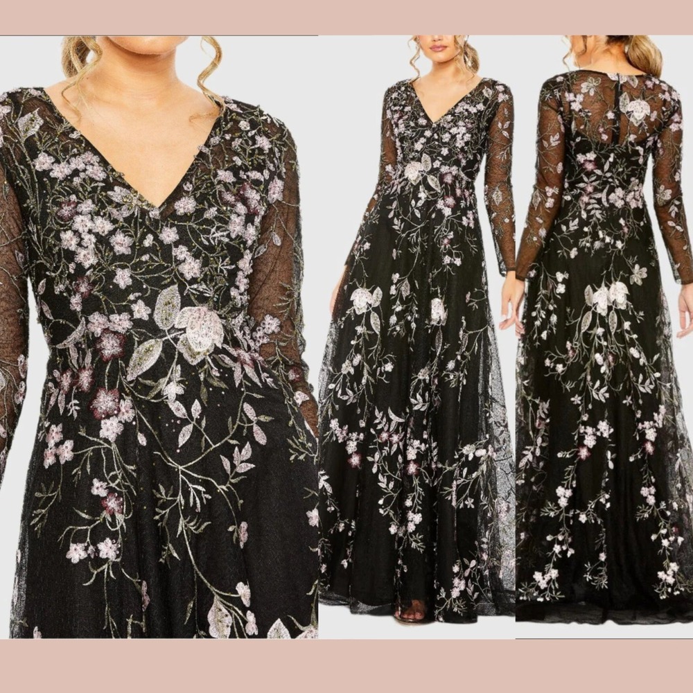 NEW Mac Duggal [ 8 ] 20480 V Neck Long Sleeve Embroider A Line Floral Gown J2221